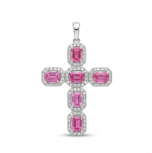 DIJE CRUZ ZAFIRO ROSA Y DIAMANTES