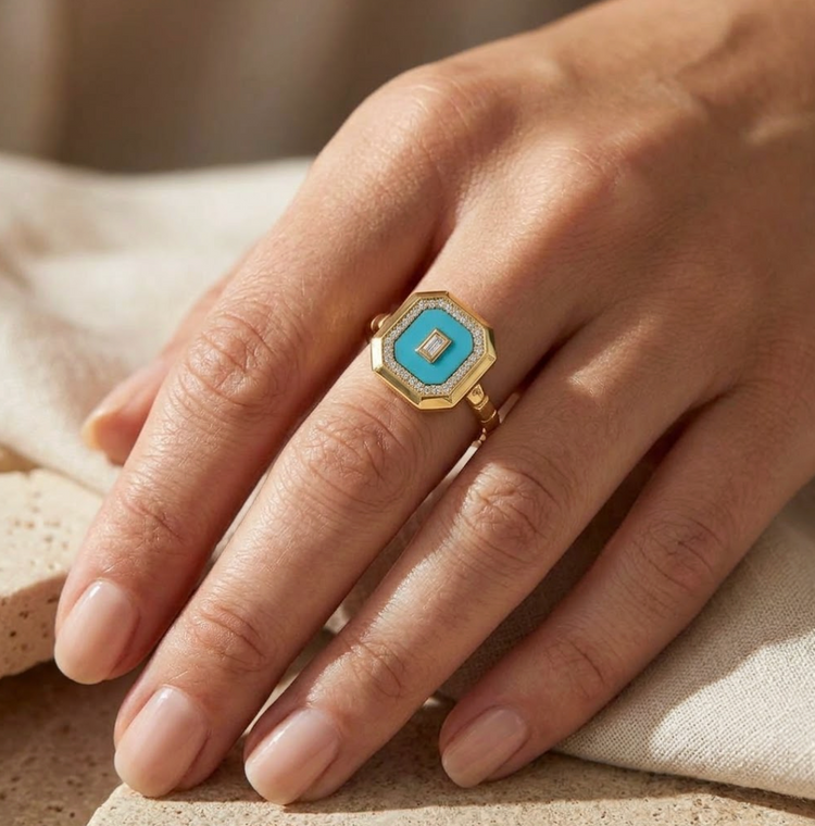 Anillo turquesas y diamantes