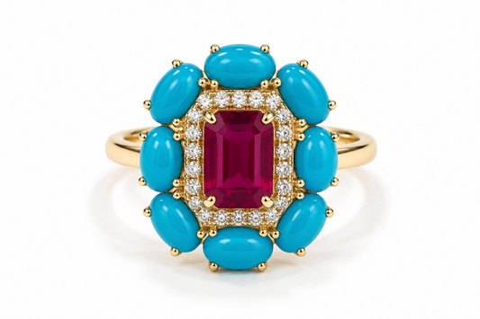 Anillo rubí y turquesas