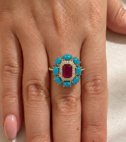 Anillo rubí y turquesas