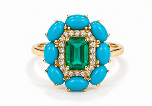Anillo Esmeralda y turquesas