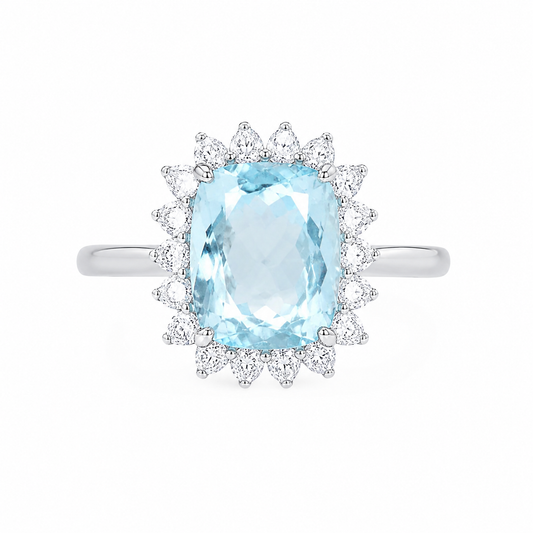 Aquamarine Halo Diamond Ring