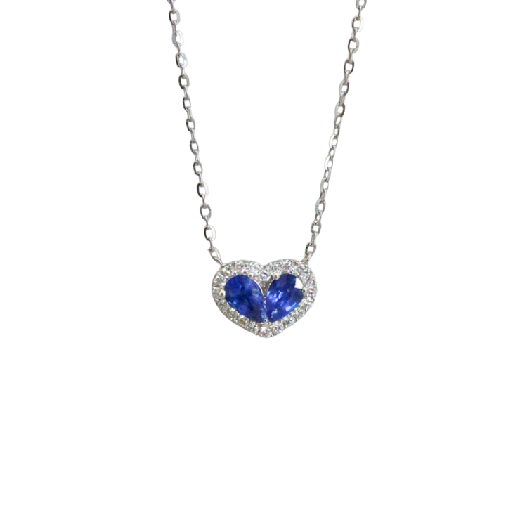 Collar forma de corazón zafiros azules en oro blanco 14k y halo de diamantes