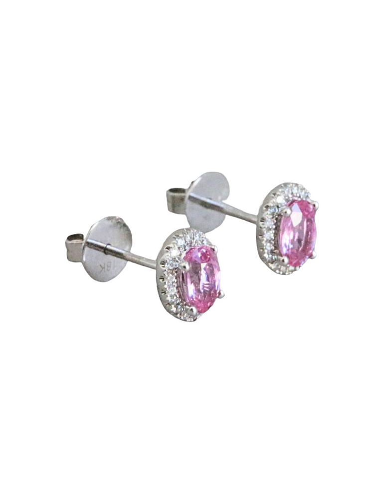 Aretes zafiro rosa con diamantes en oro blanco 18 k