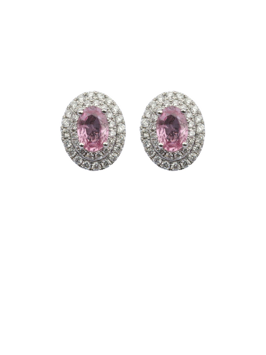 Aretes zafiro rosa con diamantes doble halo en oro blanco 18 k