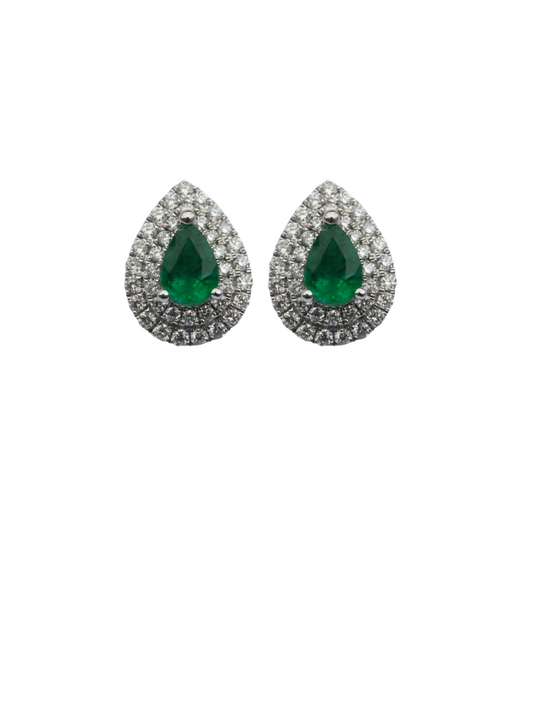 Aretes esmeralda con diamantes doble halo en oro blanco 18 k