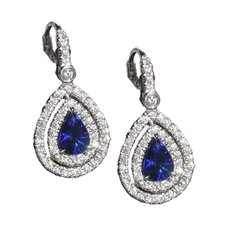 Aretes de Zafiro con Doble Halo de Diamantes en Oro Blanco 18k