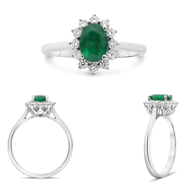 Emerald and Diamond Floral Halo Ring