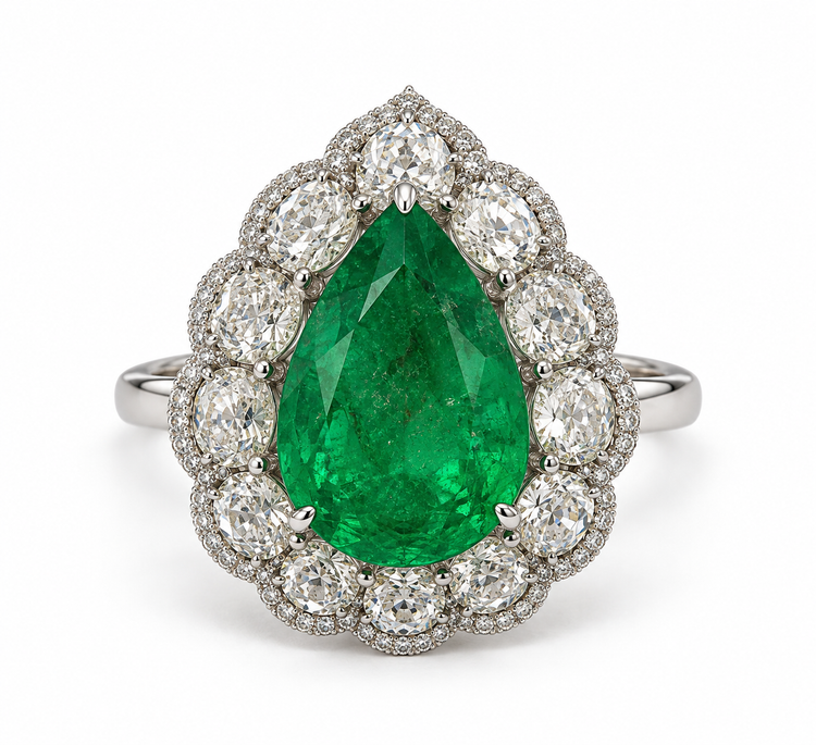 Anillo de diamantes con esmeralda corte pera